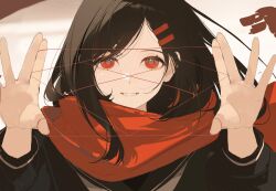 Rule 34 | 1girl, :d, black hair, black sailor collar, black shirt, cat&#039;s cradle, chongzhen 085, grin, hair ornament, hairpin, hands up, highres, kagerou project, long hair, long sleeves, neckerchief, open hands, open mouth, parted bangs, portrait, red eyes, red scarf, sailor collar, scarf, school uniform, shirt, smile, solo, straight-on, straight hair, tateyama ayano, teeth, white neckerchief