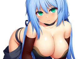 Rule 34 | 1girl, all fours, asamura hiori, bare shoulders, black dress, blue hair, blush, breasts, choker, cleavage, collarbone, commentary request, dress, elbow gloves, expressionless, gloves, gold trim, green eyes, large breasts, long hair, looking at viewer, original, resolution mismatch, simple background, solo, source larger, white background