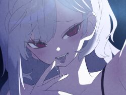 Rule 34 | 122pxsheol, 1girl, blondie (happy saint sheol), blush, bra strap, close-up, fang, finger to tongue, game cg, happy saint sheol, long hair, looking at viewer, night, non-web source, official art, open mouth, red eyes, saliva on hand, smile, tongue, tongue out, tsurime, white hair