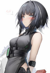 Rule 34 | absurdres, ahoge, arknights, between breasts, black hair, blunt bangs, blush, breasts, closed mouth, feather hair, grey eyes, hair ornament, highres, infection monitor (arknights), la pluma (arknights), looking at viewer, medium breasts, short hair, simple background, sleeveless, spoken blush, strap between breasts, tab head, white background