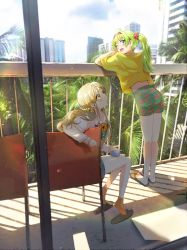Rule 34 | 2girls, ;d, absurdres, balcony, bare legs, blonde hair, blush, building, floral print, flower, full body, green hair, hair flower, hair ornament, handa roco, highres, idolmaster, idolmaster million live!, leaning forward, looking afar, looking at viewer, multiple girls, oi!, on chair, one eye closed, open mouth, palm tree, ponytail, print shorts, railing, shimabara elena, shorts, sitting, skyscraper, slippers, smile, sunlight, tree