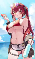 Rule 34 | 1girl, absurdres, ahoge, bikini, black jacket, black ribbon, blue sky, blush, bottle, breasts, closed mouth, cloud, commentary request, cowboy shot, day, dolphin shorts, earrings, eyewear on head, food, hair between eyes, hair ribbon, heart, heart-shaped eyewear, heart earrings, heterochromia, highres, holding, holding bottle, holding food, hololive, houshou marine, houshou marine (summer), jacket, jewelry, kokko (kokko3045), large breasts, long hair, long sleeves, looking at viewer, navel, o-ring, o-ring thigh strap, off shoulder, outdoors, popsicle, red eyes, red hair, ribbon, shorts, sky, smile, solo, standing, stomach, string bikini, sunglasses, sunglasses on head, swimsuit, thigh strap, twintails, underboob, virtual youtuber, white shorts, yellow eyes