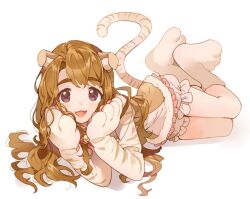 Rule 34 | 1girl, :d, animal ears, animal hands, bell, blush, boots, brown dress, brown eyes, brown hair, cat ears, cat paws, cat tail, dress, fake animal ears, fake tail, frilled dress, frills, full body, fur-trimmed boots, fur trim, gloves, head rest, idolmaster, idolmaster million live!, idolmaster million live! theater days, inzup, jingle bell, long hair, long sleeves, looking at viewer, lying, miyao miya, neck bell, on side, open mouth, simple background, smile, solo, tail, thick eyebrows, white background, white footwear, white gloves