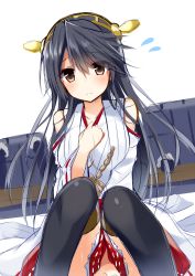 Rule 34 | 10s, 1girl, bare shoulders, black hair, blush, brown eyes, detached sleeves, hair ornament, hairband, hand on own chest, haruna (kancolle), headgear, highres, japanese clothes, kakao (chocolate land), kantai collection, long hair, looking at viewer, nontraditional miko, simple background, sitting, sketch, skirt, solo, thighhighs