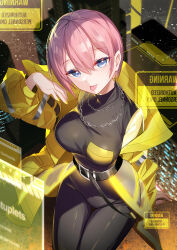 Rule 34 | 1girl, :p, alternate costume, arm at side, belt, bison cangshu, black belt, black pants, black shirt, blue eyes, breasts, chain, colored eyelashes, commentary, cowboy shot, curvy, double-parted bangs, eyelashes, from above, go-toubun no hanayome, hair between eyes, hand up, highres, jacket, large breasts, light blush, looking at viewer, nail polish, nakano ichika, open clothes, open jacket, pants, pink hair, shirt, short hair, sitting, skin tight, solo, thigh gap, tongue, tongue out, yellow jacket, yellow nails