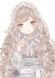 Rule 34 | 1girl, blush, closed mouth, collared shirt, dot nose, flower, frilled sleeves, frills, grey eyes, hair flower, hair ornament, hair ribbon, highres, japanese clothes, kimono, layered clothes, light brown hair, long hair, long sleeves, looking at viewer, looking to the side, maid headdress, neck ribbon, obi, original, paruno, purple kimono, red flower, ribbon, rose, sash, shirt, sidelocks, simple background, smile, solo, straight-on, swept bangs, upper body, white background, white ribbon
