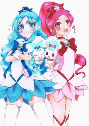Rule 34 | 10s, 2girls, absurdres, blue bow, blue eyes, blue hair, blue skirt, blush, boots, bow, brooch, choker, chypre (heartcatch precure!), coffret (heartcatch precure!), crossed arms, cure blossom, cure marine, dress, flower, hair bow, hair ornament, hanasaki tsubomi, heart, heart brooch, heartcatch precure!, highres, jewelry, kirikirimai (kkm), kurumi erika, long hair, looking at viewer, magical girl, multiple girls, open mouth, pink bow, pink eyes, pink hair, ponytail, precure, red bow, ribbon, simple background, skirt, smile, thighhighs, thighs, traditional media, white background, white legwear, wrist cuffs, zettai ryouiki