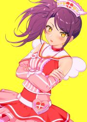 Rule 34 | 1girl, absurdres, bare shoulders, cowboy shot, crossed arms, detached sleeves, hat, highres, hourai ninjin, idol clothes, long hair, looking at viewer, nurse cap, open mouth, pretty series, pripara, purple hair, red shirt, red skirt, shirt, side ponytail, sidelocks, simple background, skirt, solo, standing, stethoscope, toudou shion, white wings, wings, yellow background, yellow eyes