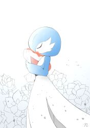 Rule 34 | 1girl, absurdres, alternate color, artist name, blue hair, blue skin, bob cut, bouquet, closed eyes, colored skin, creatures (company), female focus, flat chest, floral background, flower, from side, game freak, gardevoir, gen 3 pokemon, hands up, highres, holding, holding bouquet, multicolored skin, nintendo, owata (twrt4388), own hands together, pokemon, pokemon (creature), profile, red flower, shiny pokemon, short hair, signature, solo, standing, two-tone skin, u u, white background, white skin