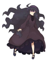 Rule 34 | 1girl, @ @, ahoge, black footwear, chiimako, closed mouth, commentary request, creatures (company), dress, floating hair, full body, game freak, hair between eyes, hairband, hex maniac (pokemon), long hair, long sleeves, looking to the side, messy hair, nail polish, nintendo, pokemon, pokemon xy, purple eyes, purple hairband, shoes, simple background, solo