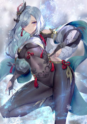 Rule 34 | 1girl, black gloves, blue eyes, blush, bodysuit, braid, breasts, clothing cutout, covered navel, elbow gloves, genshin impact, gloves, hair ornament, hair over one eye, highres, hip vent, large breasts, long hair, long sleeves, looking at viewer, low-braided long hair, low-tied long hair, nail polish, partially fingerless gloves, puffy long sleeves, puffy sleeves, shenhe (genshin impact), shoulder cutout, silver hair, tabard, tassel, thighs, very long hair, yoshimoto (dear life)