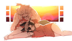 Rule 34 | 2girls, ahoge, anchors (mono eye os), animal ears, backlighting, bare legs, bare shoulders, barefoot, big hair, closed eyes, closed mouth, dress, fox ears, fox tail, hair between eyes, highres, kemono friends, lap pillow, leaning to the side, light blush, lion ears, long hair, long sleeves, lying, multiple girls, on side, silver fox (kemono friends), sitting, sketch, sleeping, smile, sweater, sweater dress, tail, white lion (kemono friends)