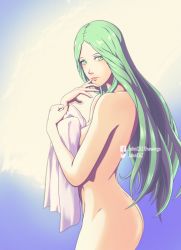 Rule 34 | 1girl, artist name, ass, breasts, covering privates, covering chest, cowboy shot, facebook logo, finger to mouth, fire emblem, fire emblem: three houses, green eyes, green hair, highres, holding, holding towel, johncgz, long hair, looking at viewer, matching hair/eyes, nintendo, nude, open mouth, parted lips, rhea (fire emblem), simple background, standing, towel, twitter logo