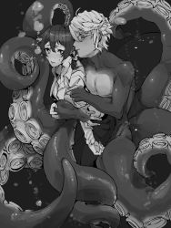 Rule 34 | 1boy, azul ashengrotto, blush, breasts, dress shirt, glasses, greyscale, hair ribbon, highres, looking at another, low ponytail, male focus, medium breasts, monochrome, monster boy, octopus boy, parted lips, restrained, ribbon, shirt, tentacles, tkbnmnm, toned, toned male, twisted wonderland, underwater, yuu (twisted wonderland)