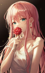 Rule 34 | 1girl, absurdres, bare arms, bare shoulders, breasts, brown background, cleavage, collarbone, commentary request, earrings, ekina (1217), female focus, flower, gradient background, green eyes, hair between eyes, highres, holding, holding flower, jewelry, long hair, looking at viewer, medium breasts, original, red flower, red rose, rose, smile, solo, strap slip, upper body