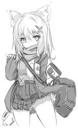Rule 34 | 1girl, animal ear fluff, animal ears, assault rifle, blue archive, blush, fringe trim, greyscale, gun, hair between eyes, hair ornament, hand up, jacket, karukan (monjya), long sleeves, monochrome, necktie, nose blush, open clothes, open jacket, pinching sleeves, pleated skirt, rifle, scarf, school uniform, shiroko (blue archive), shirt, sig sauer 556, simple background, sketch, skirt, sleeves past wrists, solo, weapon, weapon on back, white background