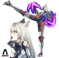 Rule 34 | 1girl, absurdres, animal ears, armor, ass, ass focus, bodysuit, breasts, cat ears, chest jewel, derivative work, flexible, from behind, from side, grey hair, high kick, highres, huge ass, i am anddo, karate, kicking, large breasts, long hair, m (xenoblade), medium breasts, mio (xenoblade), official alternate costume, official alternate hair length, official alternate hairstyle, profile, scratches, screenshot redraw, skin tight, split, standing, standing on one leg, standing split, thighs, torn clothes, trefoil, xenoblade chronicles (series), xenoblade chronicles 3