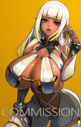 Rule 34 | 1girl, abs, black gloves, blunt bangs, breasts, cleavage, commentary request, commission, dark-skinned female, dark elf, dark skin, elf, english text, facing viewer, freckles, gloves, halterneck, hand on own thigh, highres, hiragana oufu, huge breasts, impossible clothes, lips, navel, no pupils, original, pants, pointy ears, red eyes, revealing clothes, skindentation, solo, thick thighs, thighs, two-tone gloves, underboob, white hair, white pants, yellow background, yellow gloves