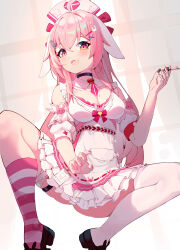 Rule 34 | 1girl, :d, absurdres, ahoge, animal ears, armband, asymmetrical legwear, bandaged leg, bandages, black choker, black footwear, blush, bow, bowtie, bra, breasts, brooch, choker, cleavage, collar, cross print, detached collar, dress, fang, frilled dress, frilled straps, frills, from below, hair between eyes, hair bow, hair ornament, hairclip, hat, heart, heart brooch, highres, holding, holding syringe, holster, id card, jewelry, kneehighs, layered dress, long hair, looking at viewer, lop rabbit ears, medium breasts, mismatched legwear, mole, mole on breast, multicolored eyes, nail polish, nurse, nurse cap, off-shoulder dress, off shoulder, official alternate costume, open mouth, orange eyes, pink bow, pink bowtie, pink bra, pink eyes, pink hair, pink nails, pink socks, pink theme, pocket, providence project, puffy short sleeves, puffy sleeves, qiuyueruona, rabbit ear footwear, rabbit ears, rabbit girl, rabbit hair ornament, red armband, red bow, ribbon-trimmed dress, safety pin, shirako (vtuber), short sleeves, sidelocks, single kneehigh, single sock, smile, socks, solo, spread legs, squatting, striped clothes, striped socks, syringe, thigh holster, thigh strap, thighhighs, underwear, uneven legwear, virtual youtuber, white collar, white dress, white sleeves, white thighhighs, x hair ornament, yellow eyes
