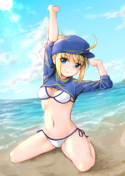 Rule 34 | 1girl, absurdres, ahoge, artoria pendragon (fate), bad id, bad pixiv id, baseball cap, beach, bikini, blonde hair, blue eyes, blue hat, blush, breasts, cloud, commentary request, day, fate/grand order, fate (series), hair through headwear, hat, highres, itachi class, kneeling, looking at viewer, mysterious heroine x (fate), mysterious heroine xx (fate), navel, outdoors, ponytail, shrug (clothing), side-tie bikini bottom, smile, solo, swimsuit, water, white bikini