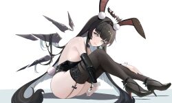Rule 34 | 1girl, absurdres, alternate costume, animal ears, arknights, armpit crease, ass, bare shoulders, black bow, black bowtie, black footwear, black garter straps, black hair, black hairband, black halo, black leotard, black sleeves, black thighhighs, blunt bangs, bow, bowtie, breasts, broken halo, chinese commentary, colored inner hair, commentary request, dark halo, detached collar, detached sleeves, detached wings, drop shadow, energy wings, eyelashes, fake animal ears, fake tail, fingernails, from side, full body, garter straps, grey eyes, grey hair, grey wings, hair flowing over, hair spread out, hairband, halo, hand on own leg, hand rest, happy, hatching (texture), high heels, highres, hime cut, knees up, large breasts, leaning, leaning forward, legs, leotard, linear hatching, lips, long fingernails, long hair, long sleeves, looking at viewer, looking to the side, mole, mole under eye, mpocky, multicolored hair, open mouth, pale skin, playboy bunny, pom pom (clothes), rabbit ears, rabbit tail, shadow, shiny clothes, shiny footwear, shiny legwear, shiny skin, sideboob, sidelocks, simple background, sitting, skin tight, sleeveless, smile, solo, straight hair, strap pull, strapless, strapless leotard, strappy heels, tail, thighhighs, thighs, toes up, two-tone hair, very long hair, virtuosa (arknights), white background, white tail, white wrist cuffs, wing collar, wings, wrist cuffs, yellow pupils