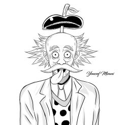 Rule 34 | 1boy, absurdres, albert einstein, apple, artist name, black eyes, coat, crossover, dr. vegapunk, facial hair, food, fruit, greyscale, highres, lab coat, looking at viewer, male focus, monochrome, mustache, necktie, old, old man, one piece, open mouth, short hair, simple background, solo, tongue, tongue out, white background, white hair, white necktie, youssef mizani