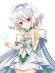 Rule 34 | 1girl, :o, antenna hair, bare shoulders, bow, breasts, commentary, dress, flower, green dress, hair between eyes, hair flower, hair ornament, highres, kokkoro (princess) (princess connect!), kokkoro (princess connect!), looking at viewer, navel, open mouth, pointy ears, princess connect!, princess form (princess connect!), red eyes, shitou kazuaki, short hair, sidelocks, silver hair, simple background, sleeveless, sleeveless dress, small breasts, solo, white background, white bow, white flower