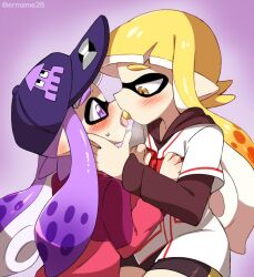 Rule 34 | baseball cap, blonde hair, blush, candy, eromame, fang, food, french kiss, half-closed eyes, hand on another&#039;s chest, hand on another&#039;s face, hat, hood, hoodie, inkling, inkling girl, inkling player character, jacket, jersey, kiss, nintendo, pointy ears, print headwear, purple eyes, purple hair, shorts, splatoon (series), splatoon 1, sweat, tentacle hair, tongue, tongue out, yellow eyes, yuri