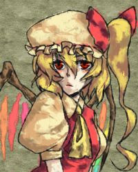 Rule 34 | 1girl, bad id, bad pixiv id, blonde hair, discharge cycle, female focus, flandre scarlet, hat, mob cap, ponytail, red eyes, side ponytail, solo, tobi (discharge cycle), touhou, vampire, white hat, wings