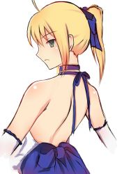 Rule 34 | 1girl, ahoge, artoria pendragon (all), artoria pendragon (fate), backless dress, backless outfit, bare back, bare shoulders, blonde hair, choker, cropped arms, dress, dyxm, elbow gloves, fate/stay night, fate (series), from behind, gloves, green eyes, hair ribbon, looking back, ponytail, ribbon, saber (fate), saber (pure night dress) (fate), saber lily, sketch, solo, white background