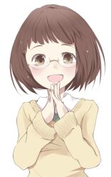 Rule 34 | 1girl, bob cut, brown eyes, brown hair, collared shirt, glasses, green necktie, kawanika, long sleeves, love lab (manga), necktie, off-shoulder sweater, off shoulder, open mouth, own hands together, rimless eyewear, school uniform, shirt, short hair, smile, solo, straight-on, sweater, tanahashi suzune, upper body, white shirt, yellow sweater