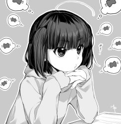 1girl ahoge boned_meat closed_mouth commentary_request copyright_request elbows_on_table female_focus fingernails food grey_background greyscale hood hood_up hoodie interlocked_fingers kawai_makoto meat monochrome pout short_hair signature simple_background solo speech_bubble thought_bubble two_side_up