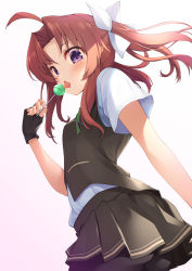 Rule 34 | 1girl, ahoge, bike shorts, black gloves, blush, breasts, candy, commentary request, fingerless gloves, food, gloves, hair ribbon, highres, holding, holding candy, holding food, holding lollipop, kagerou (kancolle), kagerou kai ni (kancolle), kantai collection, licking, lollipop, long hair, looking at viewer, mofu namako, neck ribbon, open mouth, orange hair, purple eyes, ribbon, school uniform, shirt, short sleeves, shorts, shorts under skirt, simple background, skirt, small breasts, solo, tongue, twintails, vest, white shirt