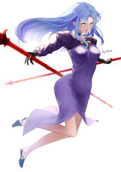 Rule 34 | 1girl, absurdres, black footwear, black gloves, blue hair, breasts, colored eyelashes, dress, fate/stay night, fate (series), floating hair, front slit, full body, gloves, highres, holding, holding polearm, holding weapon, kyoken, long hair, long sleeves, medea (fate), medium breasts, pointy ears, polearm, purple dress, shrug (clothing), simple background, solo, straight hair, very long hair, weapon, white background, yellow eyes