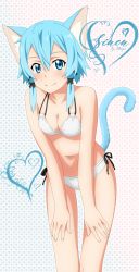 Rule 34 | 1girl, absurdres, animal ears, artist name, bare shoulders, benjoerres, bikini, black ribbon, blue eyes, blue hair, blush, breasts, cat ears, cat tail, character name, cleavage, collarbone, commentary, english commentary, feet out of frame, hair between eyes, hair ribbon, heart, highres, looking at viewer, medium breasts, navel, ribbon, short hair, short hair with long locks, sidelocks, sinon, sinon (sao-alo), smile, solo, swimsuit, sword art online, tail, white bikini