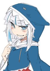 Rule 34 | 1girl, blue eyes, blue hair, blue hoodie, blunt bangs, blush, gawr gura, grin, hololive, hololive english, holomyth, hood, hoodie, long sleeves, looking at viewer, multicolored hair, sidelocks, simple background, smile, solo, sturkey, two-tone hair, upper body, virtual youtuber, white background