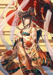 Rule 34 | 1girl, absurdres, asa no ha (pattern), bow, brown hair, commentary request, double bun, egasumi, feet out of frame, floral print, furisode, hair bow, hair bun, hair ornament, highres, holding, holding umbrella, huge filesize, japanese clothes, kanzashi, kimono, long hair, long sleeves, looking at viewer, mazel (mazel star), multicolored hair, new year, obi, oil-paper umbrella, original, parted lips, red bow, red sun, sash, see-through, solo, standing, streaked hair, streamers, tassel, twintails, umbrella, white hair