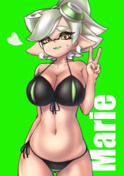 Rule 34 | + +, 1girl, absurdres, arm behind back, bad id, bad pixiv id, bikini, black bikini, breasts, character name, cleavage, commentary, cowboy shot, earrings, food, food on head, front-tie bikini top, front-tie top, gluteal fold, green background, grey hair, guchi (tako undead), half-closed eyes, heart, highres, inkling, jewelry, large breasts, looking at viewer, marie (splatoon), mask, mole, mole under eye, navel, nintendo, object on head, open mouth, pointy ears, short hair, side-tie bikini bottom, simple background, skindentation, smile, solo, standing, string bikini, sweat, swimsuit, tentacle hair, thigh gap, yellow eyes