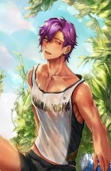 Rule 34 | 1boy, can, covered navel, dark-skinned male, dark skin, day, drink can, ensemble stars!, highres, holding, holding can, looking at viewer, male focus, mucuzi, muscular, otogari adonis, outdoors, purple hair, see-through, short hair, sitting, sleeveless, smile, soda can, solo, upper body, yellow eyes