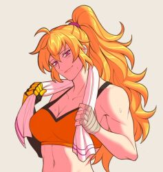 Rule 34 | 1girl, abs, ahoge, blonde hair, looking at viewer, midriff, navel, orange sports bra, ponytail, prosthesis, prosthetic arm, purple eyes, rwby, smile, sports bra, towel, towel around neck, white background, yang xiao long, yellow nicky