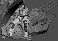Rule 34 | 1girl, asymmetrical legwear, breasts, detached sleeves, from below, grey background, greyscale, holding, holding umbrella, kantai collection, large breasts, legs apart, long hair, long sleeves, monochrome, object insertion, oil-paper umbrella, open mouth, outline, panties, pigeon-toed, pleated skirt, rigging, saliva, sashizume soutarou, simple background, skirt, solo, standing, turret, umbrella, underwear, uneven legwear, upskirt, white outline, yamato (kancolle)