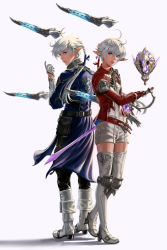 Rule 34 | 1boy, 1girl, ahoge, alisaie leveilleur, alphinaud leveilleur, back-to-back, blue eyes, blue jacket, boots, brother and sister, earrings, elezen, elf, fighting stance, final fantasy, final fantasy xiv, full body, gloves, hair between eyes, hair tie, half gloves, holding, holding sword, holding weapon, hollizho, jacket, jewelry, long jacket, long sleeves, looking at viewer, looking back, low ponytail, motion blur, pointy ears, red gloves, red jacket, short hair with long locks, siblings, sword, thigh boots, twins, weapon, white footwear, white gloves, white hair