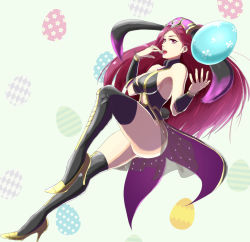 Rule 34 | 1girl, animal ears, arm warmers, armpits, black thighhighs, braid, breasts, cleavage, ear piercing, easter egg, egg, fake animal ears, fire emblem, fire emblem heroes, full body, gold footwear, hand to own mouth, high heels, leotard, loki (fire emblem), long hair, looking at viewer, medium breasts, nintendo, open mouth, patterned background, piercing, playboy bunny, purple eyes, purple hair, purple headwear, rabbit ears, rabbit tail, see-through, solo, sukkirito (rangusan), tail, thighhighs, thighs