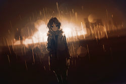 Rule 34 | 1girl, backlighting, blurry, bokeh, coat, commentary request, cowboy shot, depth of field, fur trim, hand in pocket, hayami kanade, highres, idolmaster, idolmaster cinderella girls, light particles, looking at viewer, monochrome, parted bangs, partially unzipped, rain, ryokucha manma, sepia, short hair, solo