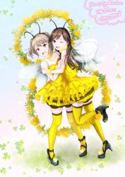 Rule 34 | 2girls, animal costume, anniversary, antennae, arashio (kancolle), bee, bee costume, brown eyes, brown hair, bug, clover, collarbone, dress, fake antennae, fake wings, flower, full body, fur collar, gradient background, hair between eyes, hair bun, high heels, highres, insect, insect wings, kamo mayor, kantai collection, light brown hair, long hair, michishio (kancolle), multiple girls, open mouth, outdoors, puffy shorts, short twintails, shorts, smile, thighhighs, twintails, wings, yellow dress, yellow eyes, yellow legwear, yellow theme