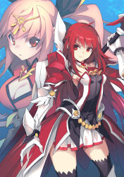 Rule 34 | 2girls, absurdres, arm up, armor, armored dress, black legwear, braid, breasts, circlet, cleavage, cleavage cutout, clothing cutout, contrapposto, dress, elesis (elsword), elsword, faulds, gloves, half updo, highres, huge weapon, long hair, multiple girls, octoman, parted lips, pauldrons, pink layer, red eyes, red hair, short dress, shoulder armor, small breasts, smile, standing, strapless, strapless dress, thighhighs, vambraces, very long hair, weapon, white gloves