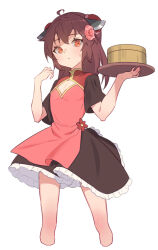 Rule 34 | 1girl, ahoge, bamboo steamer, breasts, brown hair, bun cover, chinese clothes, commentary request, double bun, dress, expressionless, flower, hair bun, hair flower, hair ornament, headgear, highres, holding, holding tray, looking at viewer, medium hair, pink flower, red eyes, simple background, small breasts, solo, touhoku kiritan, tray, voiceroid, white background, yamamomo (plank)