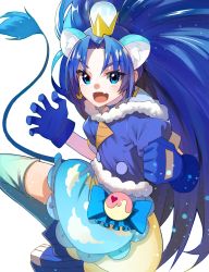Rule 34 | 10s, 1girl, :d, animal ears, blue bow, blue eyes, blue footwear, blue gloves, blue hair, blue neckwear, blue shirt, blue skirt, blue thighhighs, bow, choker, clenched hand, cowboy shot, crown, cure gelato, earrings, extra ears, fuotchan, gloves, highres, jewelry, kirakira precure a la mode, layered skirt, lion ears, lion tail, long hair, looking at viewer, magical girl, mini crown, open mouth, precure, shirt, shoes, simple background, skirt, smile, solo, tail, tategami aoi, thighhighs, white background, white skirt