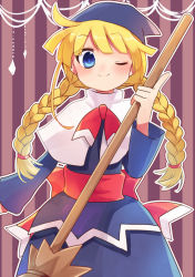 Rule 34 | black bow, blonde hair, blue dress, blue eyes, blue headwear, bow, braid, broom, capelet, dress, hat, holding, holding broom, long hair, long sleeves, looking at viewer, one eye closed, pink background, pointing, puyopuyo, red bow, smile, striped, striped background, twin braids, white capelet, witch (puyopuyo), xox xxxxxx