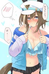 Rule 34 | 1girl, absurdres, animal ears, bikini, blush, breasts, brown hair, cheval grand (umamusume), cleavage, closed mouth, collarbone, embarrassed, frilled bikini, frills, hair between eyes, hair ornament, hat, heart, highres, horse ears, horse girl, horse tail, jacket, kichi tik, looking at viewer, medium breasts, navel, simple background, solo, swimsuit, tail, translation request, umamusume, undressing